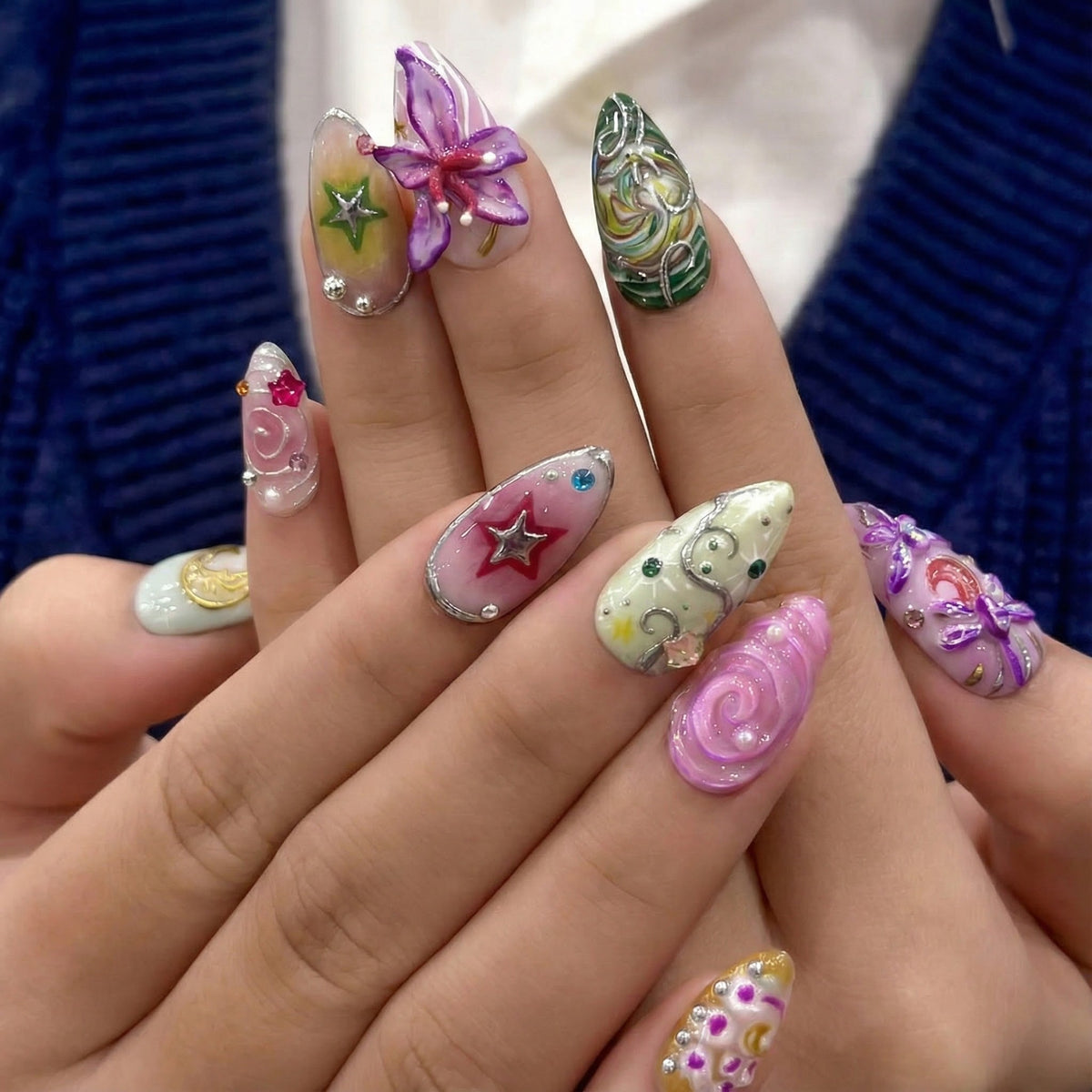 Spring Fairy Garden Press On Nails Colorful 3D Floral Nail Art Fantasy Galaxy Press Ons Handmade Statement Nails