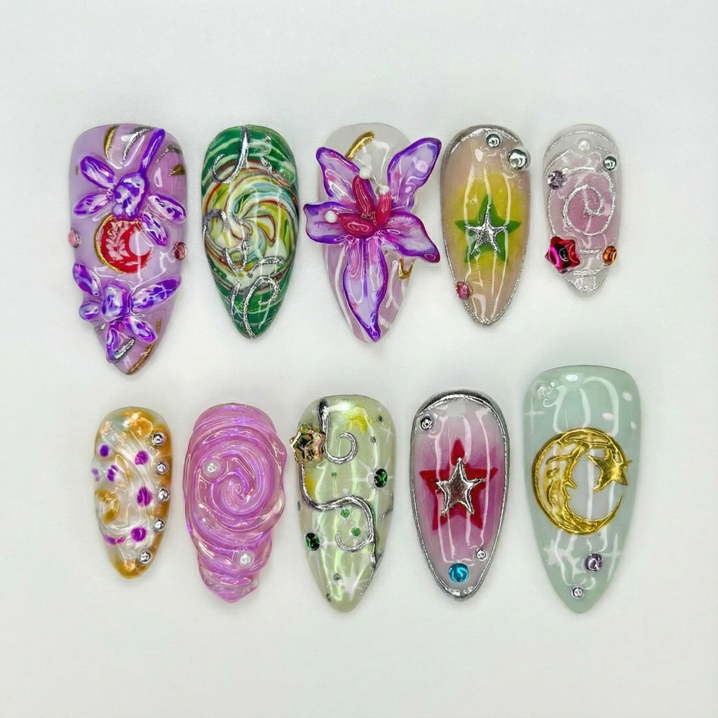 Spring Fairy Garden Press On Nails Colorful 3D Floral Nail Art Fantasy Galaxy Press Ons Handmade Statement Nails