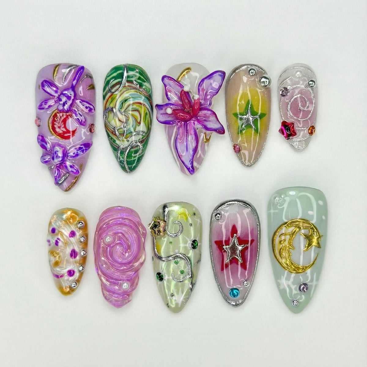 Spring Fairy Garden Press On Nails Colorful 3D Floral Nail Art Fantasy Galaxy Press Ons Handmade Statement Nails