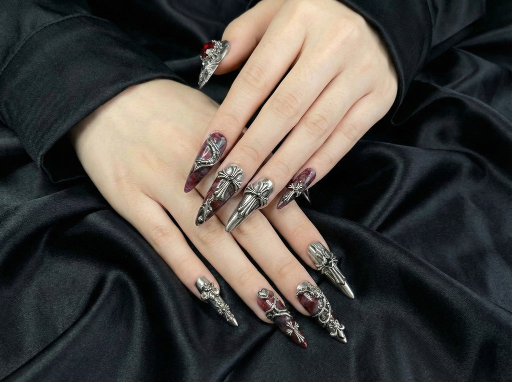 Gothic Blood Cross Press On Nails Dark Red Medieval Nails Silver Armor Nail Art Gothic Cross Statement Nails