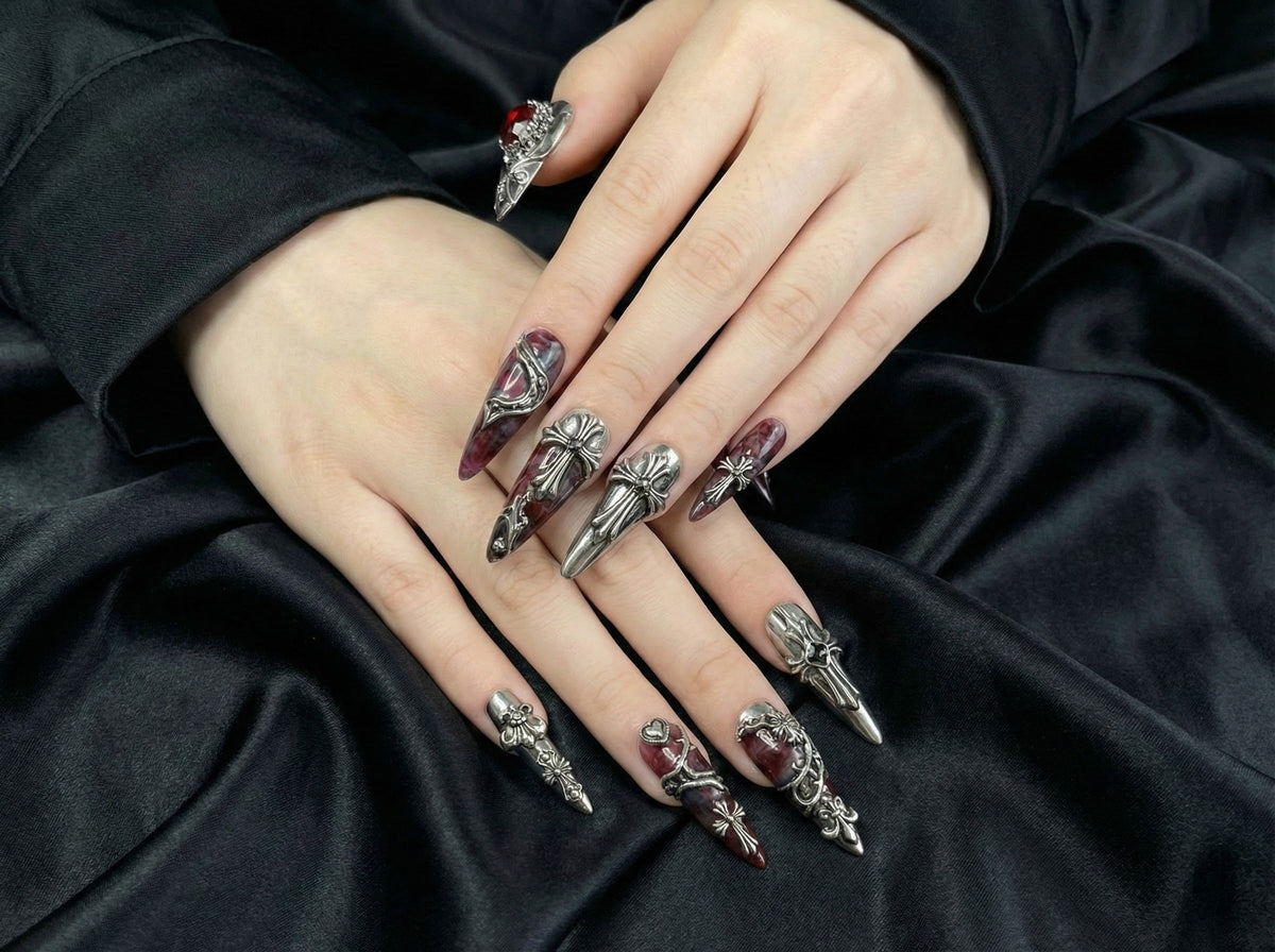 Gothic Blood Cross Press On Nails Dark Red Medieval Nails Silver Armor Nail Art Gothic Cross Statement Nails