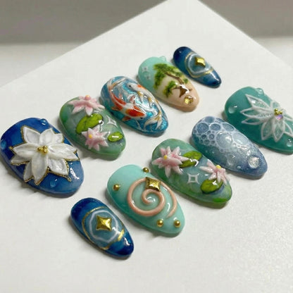 Lotus Koi Serenity Press On Nails Zen Pond Nail Art Koi Fish & Lotus Flower Nails Nature Inspired Press Ons