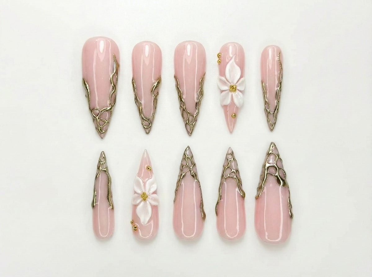 Nude Pink Luxury Press On Nails Blush Floral Nails 3D White Flower Nail Art Elegant Bridal Press Ons Soft Glam Nail Set