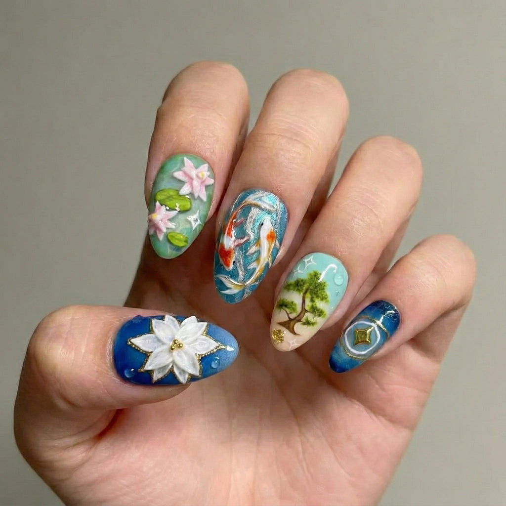 Lotus Koi Serenity Press On Nails Zen Pond Nail Art Koi Fish & Lotus Flower Nails Nature Inspired Press Ons