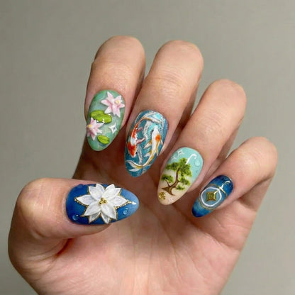 Lotus Koi Serenity Press On Nails Zen Pond Nail Art Koi Fish & Lotus Flower Nails Nature Inspired Press Ons