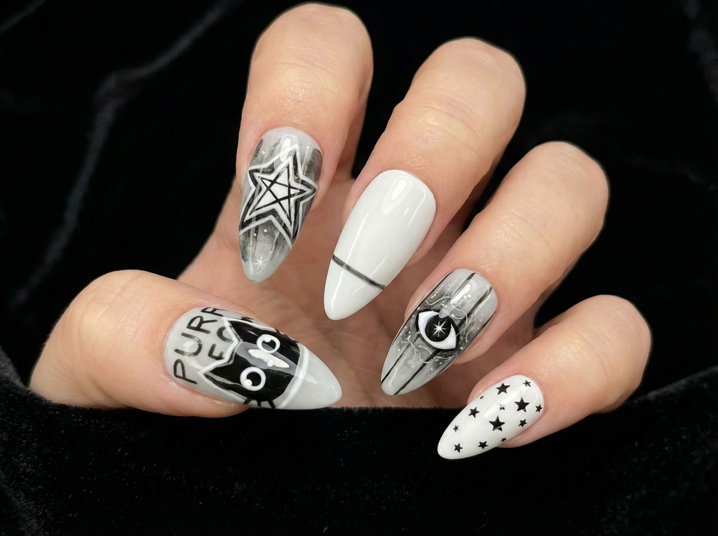 Cosmic Black Cat Press On Nails Gothic Cat Nail Art Moon Star Astrology Nails Witchy Black White Press Ons Mystic Nail Set