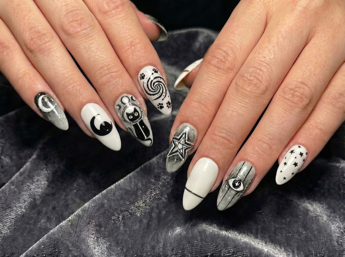 Cosmic Black Cat Press On Nails Gothic Cat Nail Art Moon Star Astrology Nails Witchy Black White Press Ons Mystic Nail Set
