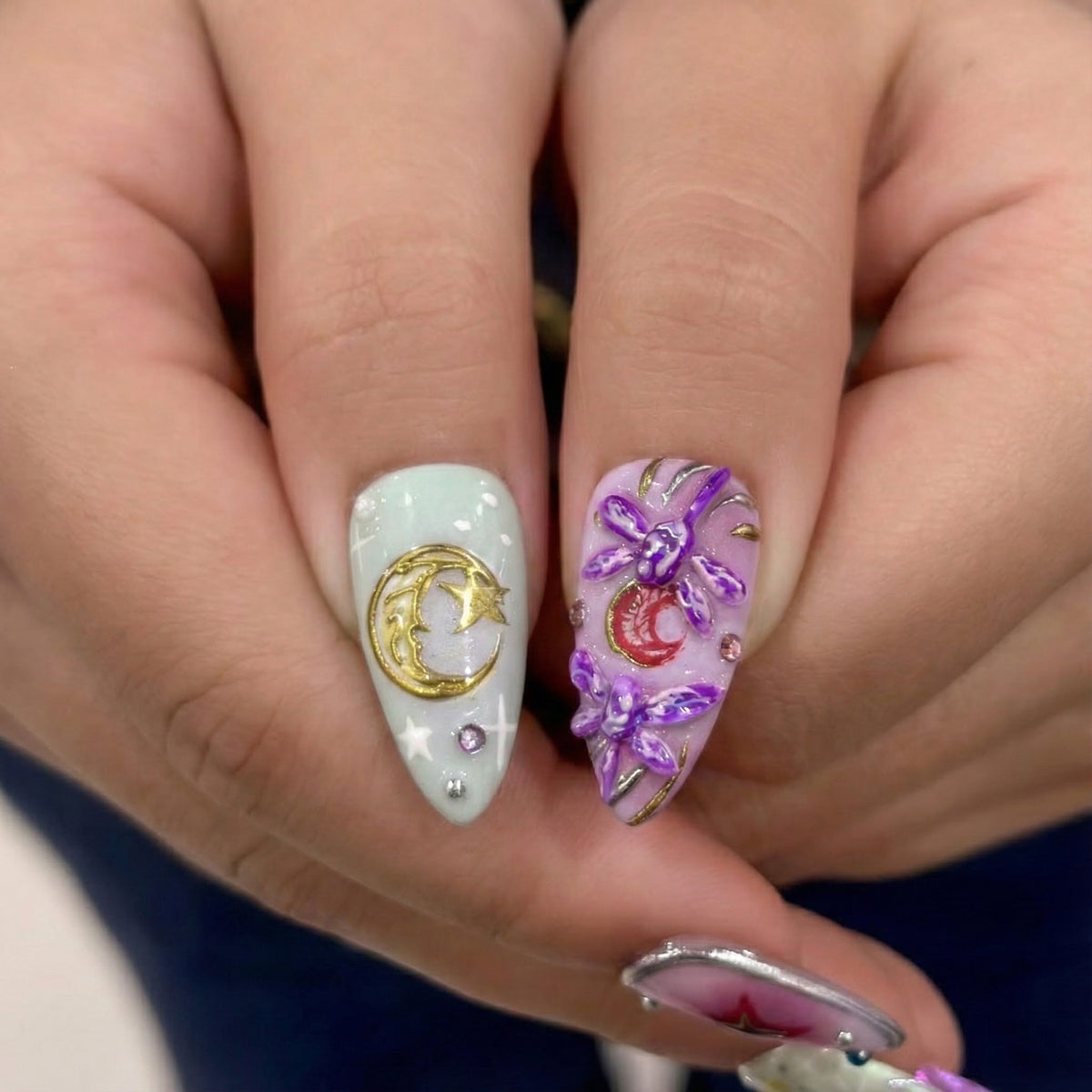 Spring Fairy Garden Press On Nails Colorful 3D Floral Nail Art Fantasy Galaxy Press Ons Handmade Statement Nails
