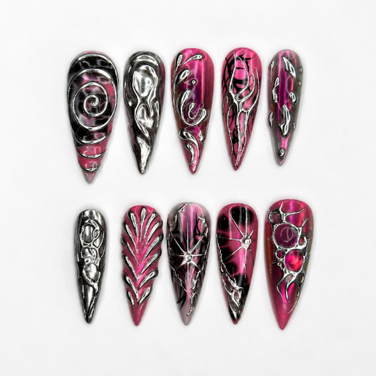 Gothic Press On Nails with Pink Chrome , 3D Spider Web Nails , Dark Glam Stiletto Nails