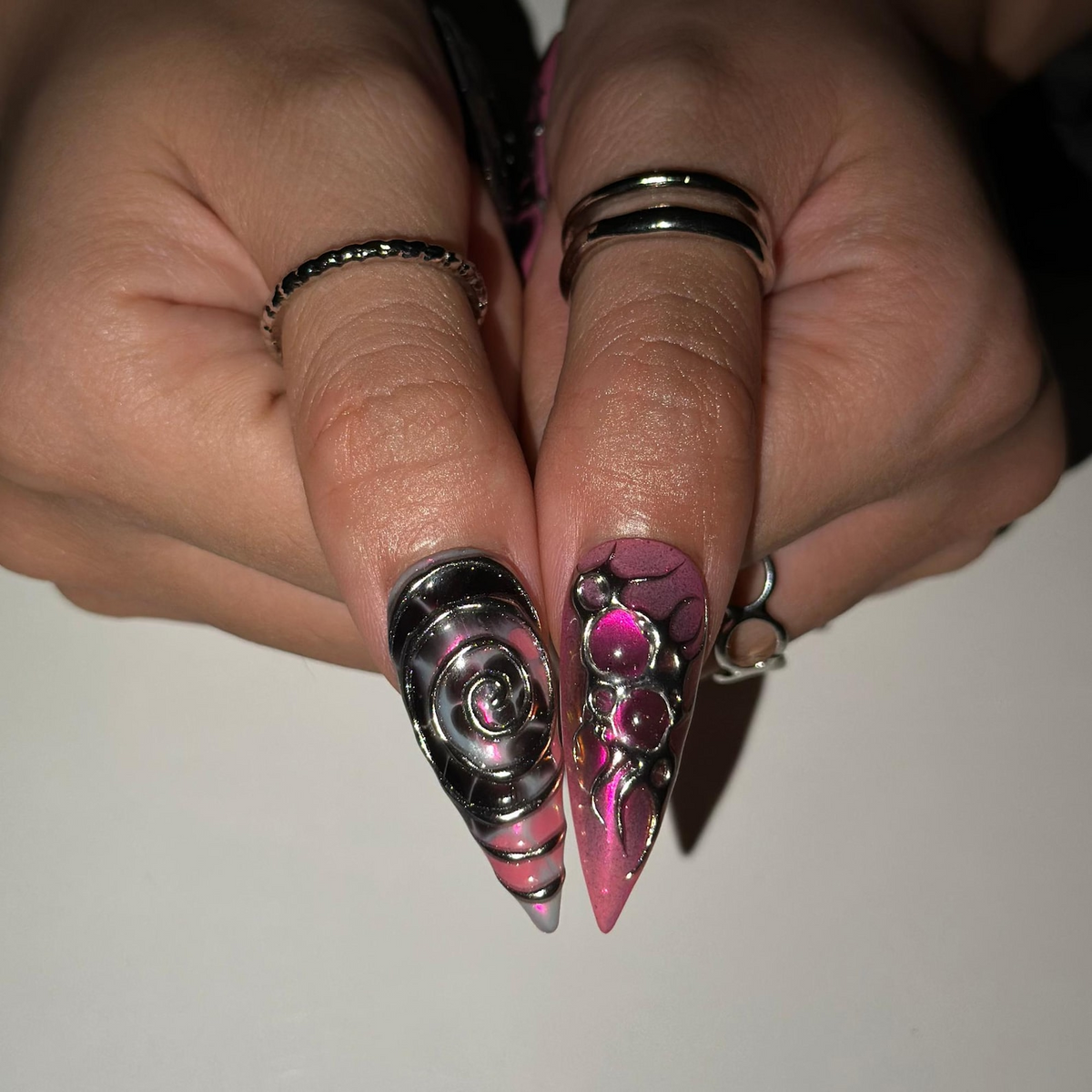 Gothic Press On Nails with Pink Chrome , 3D Spider Web Nails , Dark Glam Stiletto Nails
