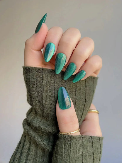 Emerald Green Cat Eye Reusable Press On Nails