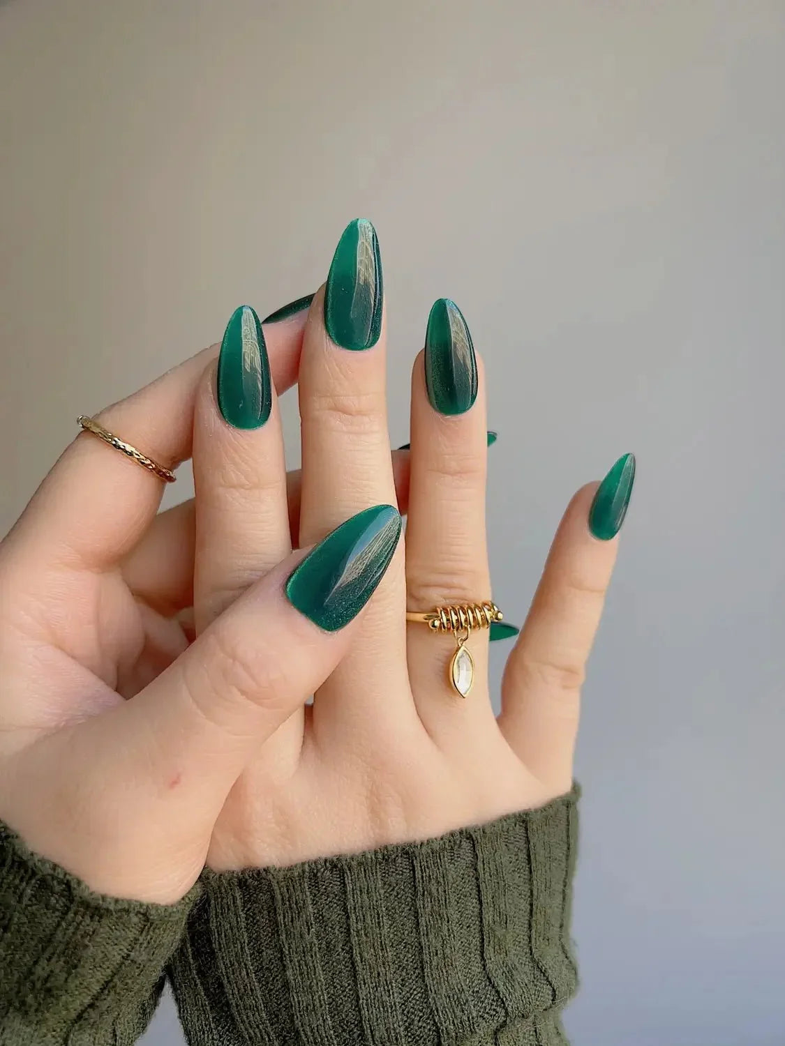 Emerald Green Cat Eye Reusable Press On Nails
