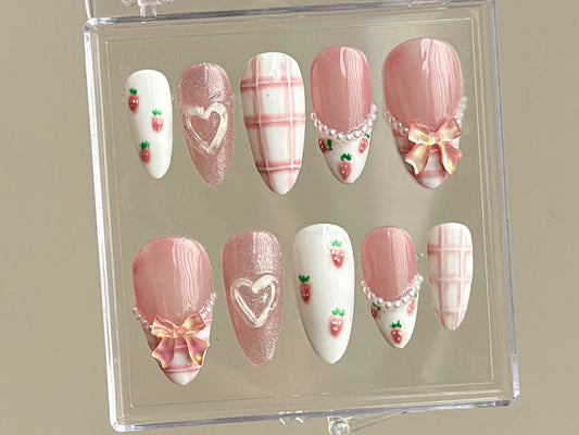 Dreamy Pink Press On Nails, Nail Set With Strawberry Design, Cute Bow and Heart Nail