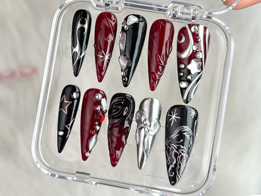Luxury Black 3D Press On Nails, Red Press On Nails Unique Design, Nail Art, Y2k Nails