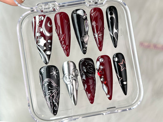 Luxury Black 3D Press On Nails, Red Press On Nails Unique Design, Nail Art, Y2k Nails