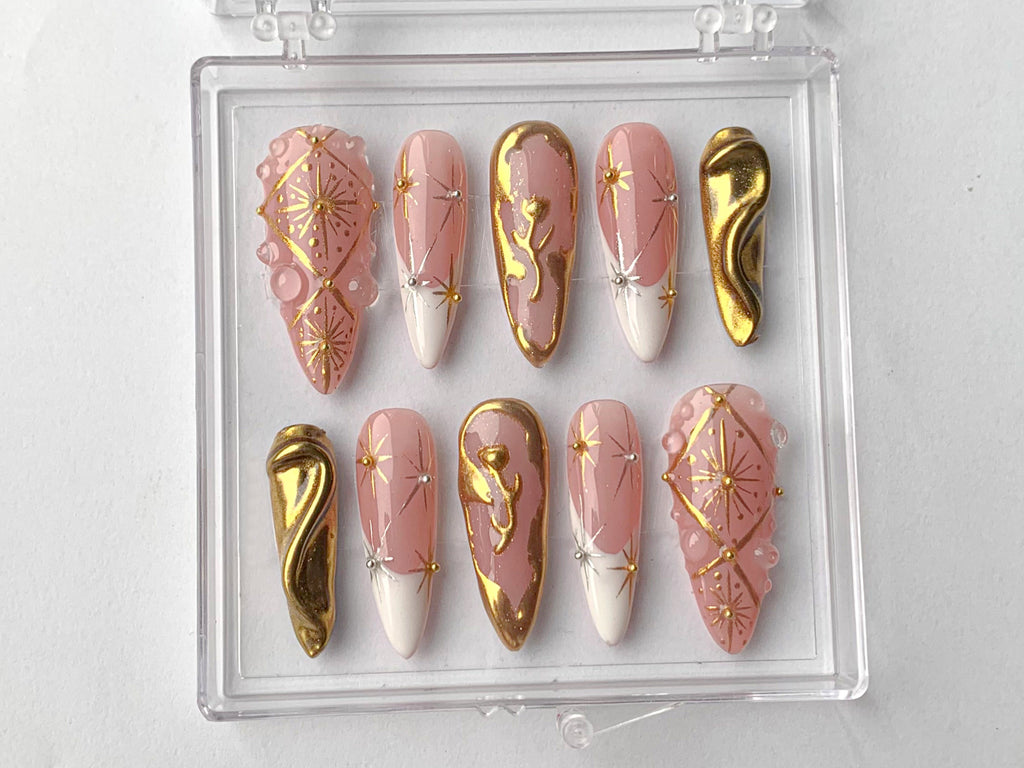 Luxury Gold Swirl Press On Nails, Elegant Gold-Infused Nail Art, Modern Pink Press On