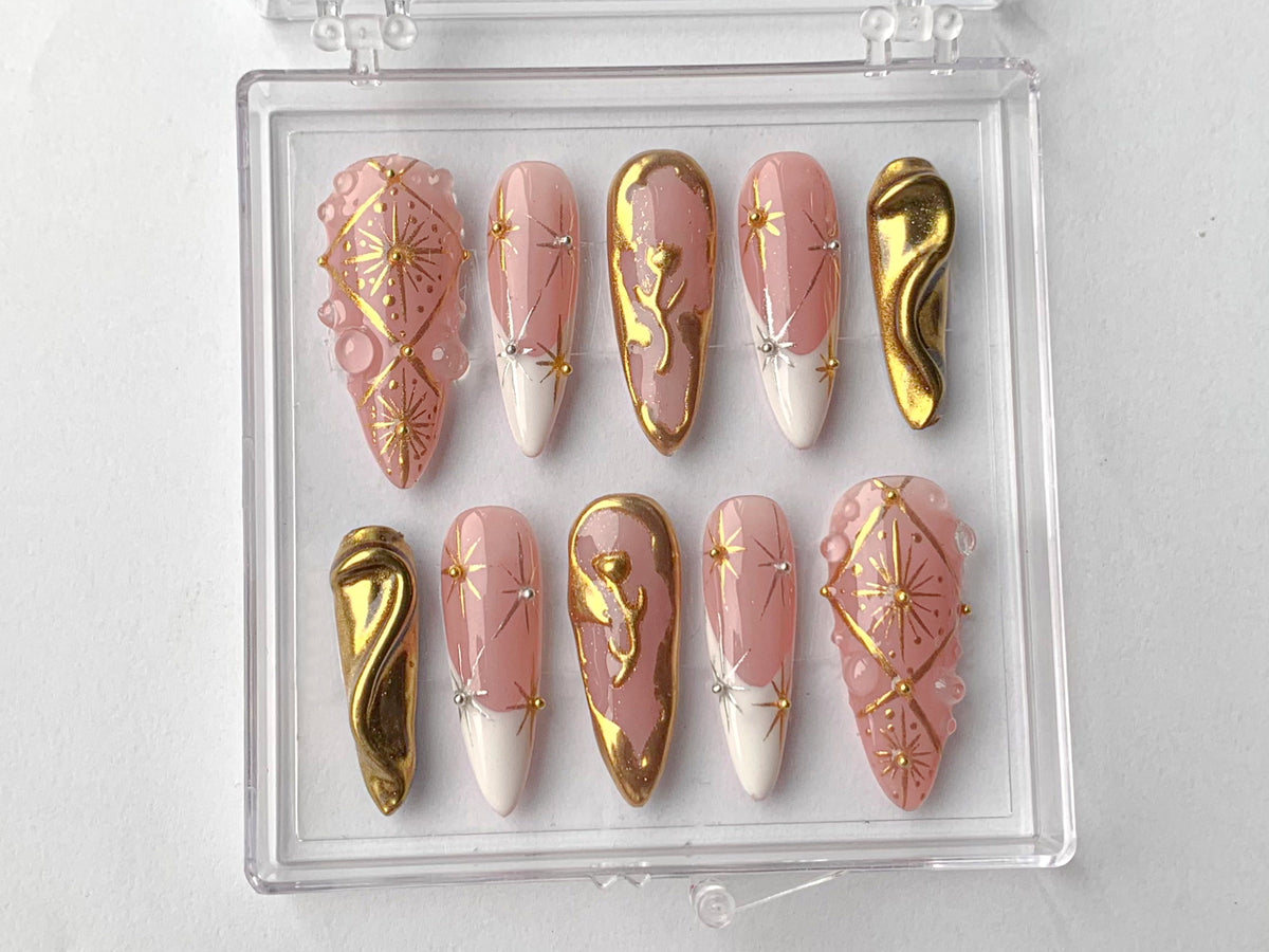 Luxury Gold Swirl Press On Nails, Elegant Gold-Infused Nail Art, Modern Pink Press On