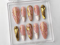Luxury Gold Swirl Press On Nails, Elegant Gold-Infused Nail Art, Modern Pink Press On