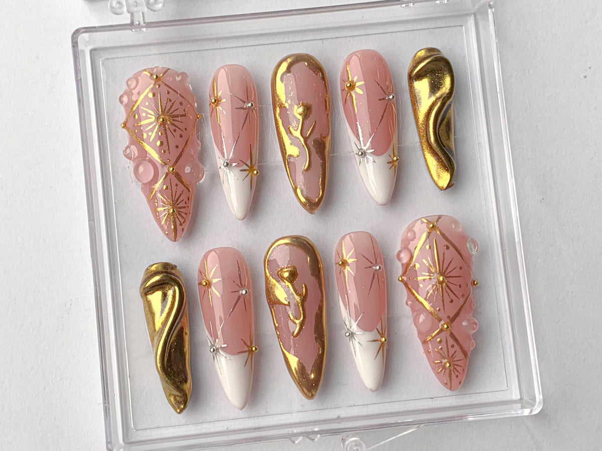 Luxury Gold Swirl Press On Nails, Elegant Gold-Infused Nail Art, Modern Pink Press On