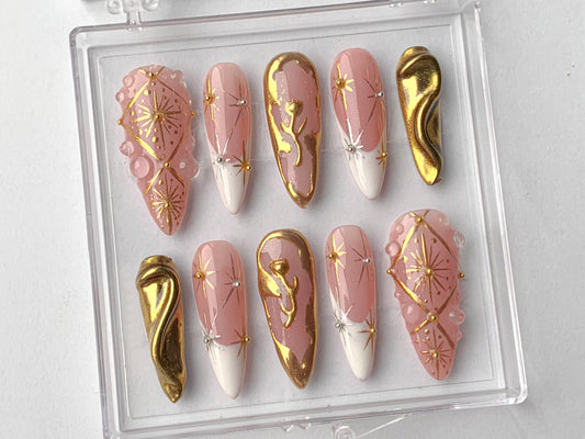 Luxury Gold Swirl Press On Nails, Elegant Gold-Infused Nail Art, Modern Pink Press On