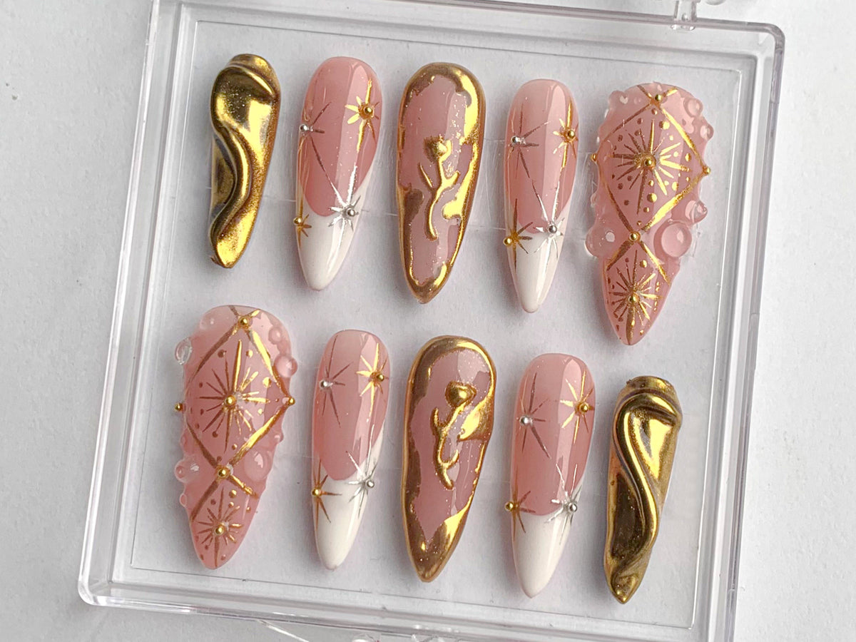 Luxury Gold Swirl Press On Nails, Elegant Gold-Infused Nail Art, Modern Pink Press On