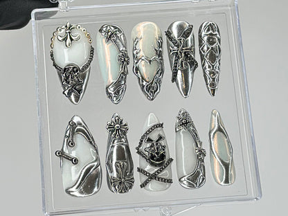 Luxury Gothic Press On Nails, Unique Skull and Chain Fake Nails, Custom Silver Nail Art