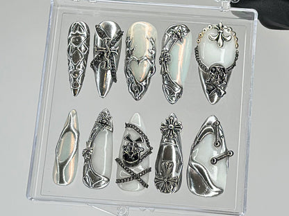 Luxury Gothic Press On Nails, Unique Skull and Chain Fake Nails, Custom Silver Nail Art