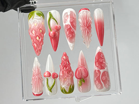 Pink Fruit Press On Nails, Nail Set With Strawberry On Fake nails, Free Style Summer Fruit