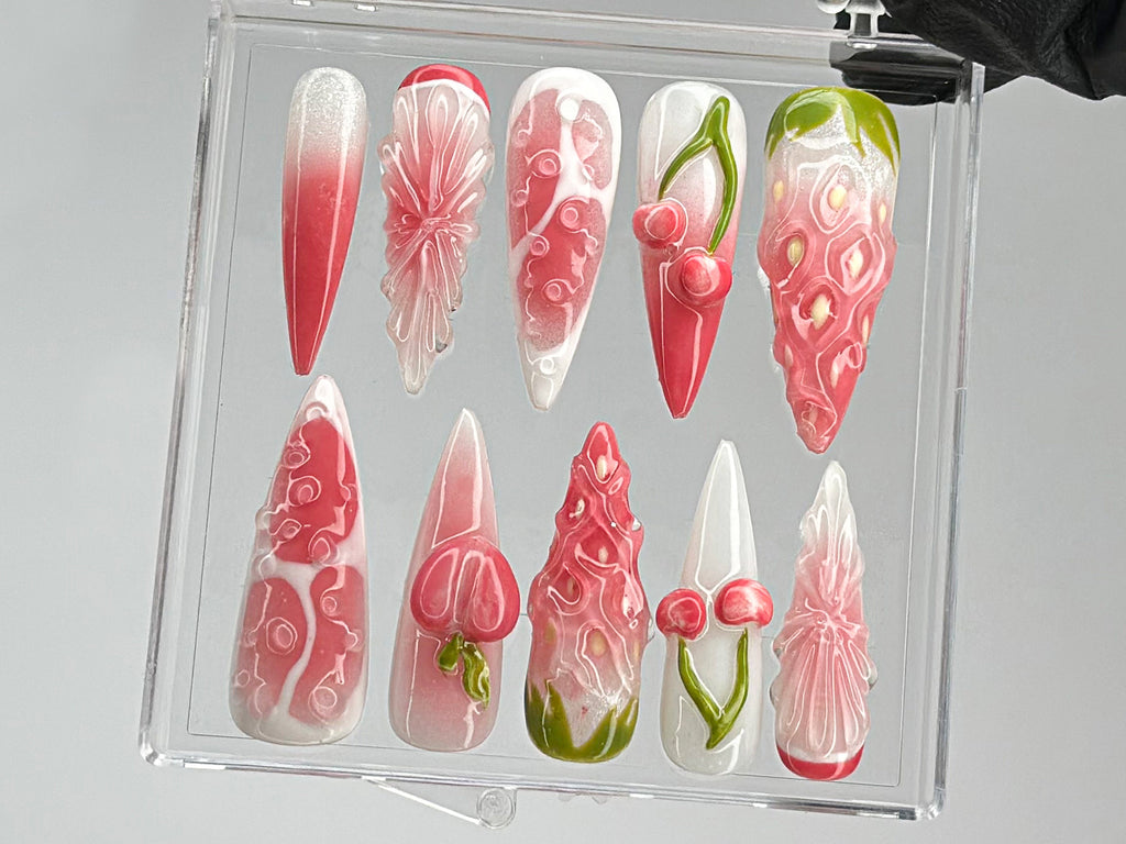Pink Fruit Press On Nails, Nail Set With Strawberry On Fake nails, Free Style Summer Fruit