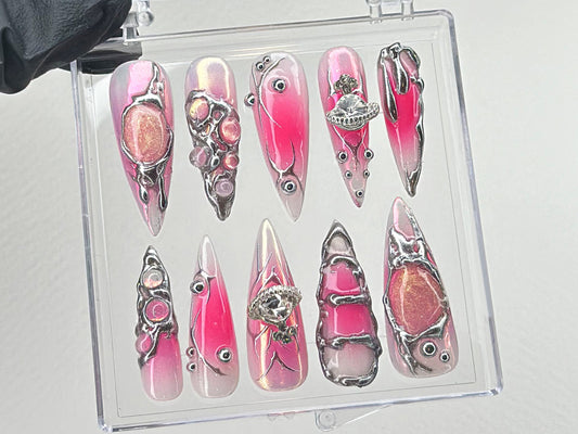 Y2k Pink Press On Nails, Custom Design Nail Art, Fake Nails for Birthday, Ombre Pink