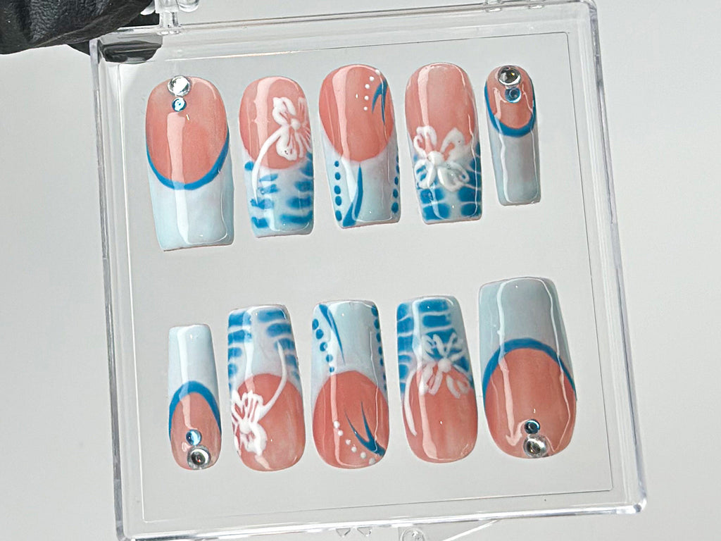 Summer Vibes Press On Nails, Blue French TipsNail Art, 3D Floral On Fake Nails, Custom