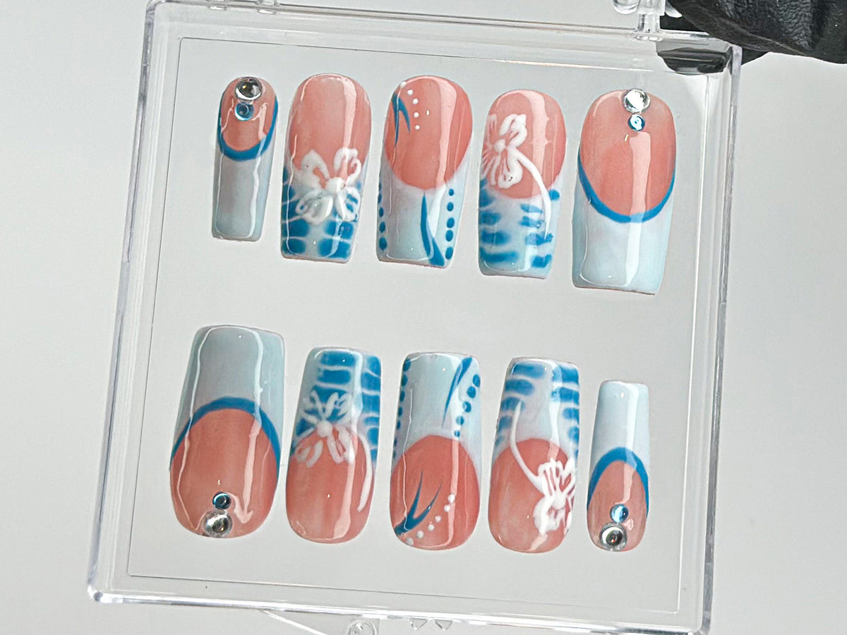 Summer Vibes Press On Nails, Blue French TipsNail Art, 3D Floral On Fake Nails, Custom