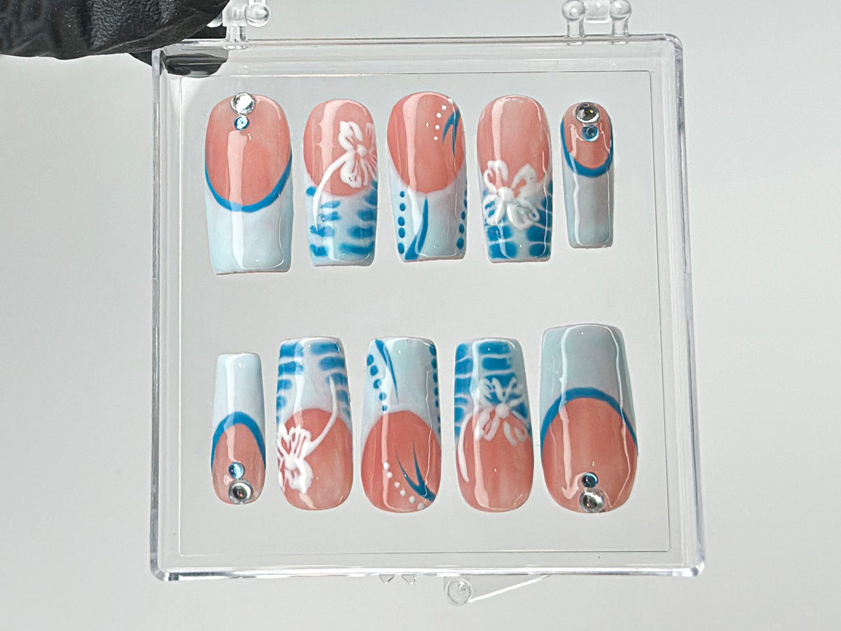 Summer Vibes Press On Nails, Blue French TipsNail Art, 3D Floral On Fake Nails, Custom