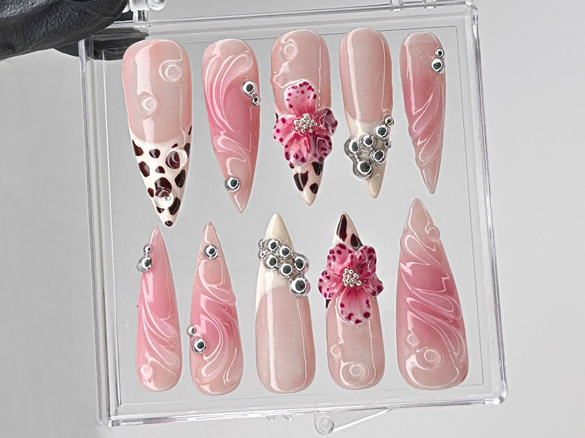 Leopard French tips Press On Nails, 3D Flowers with Rhinestones Acrylic Nails, Stunning