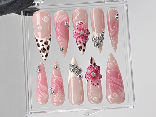 Leopard French tips Press On Nails, 3D Flowers with Rhinestones Acrylic Nails, Stunning