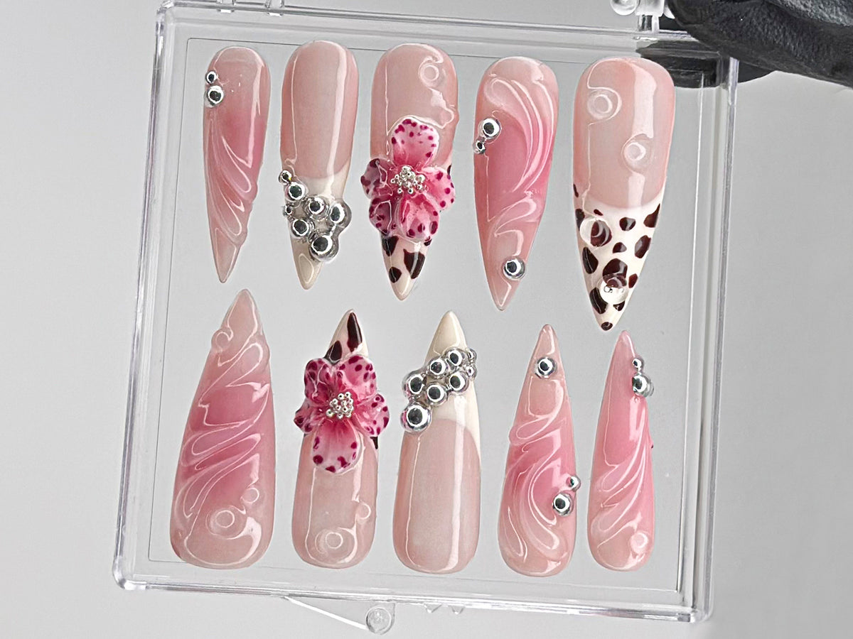 Leopard French tips Press On Nails, 3D Flowers with Rhinestones Acrylic Nails, Stunning