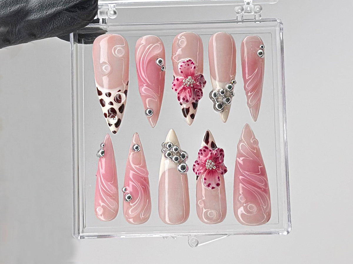 Leopard French tips Press On Nails, 3D Flowers with Rhinestones Acrylic Nails, Stunning