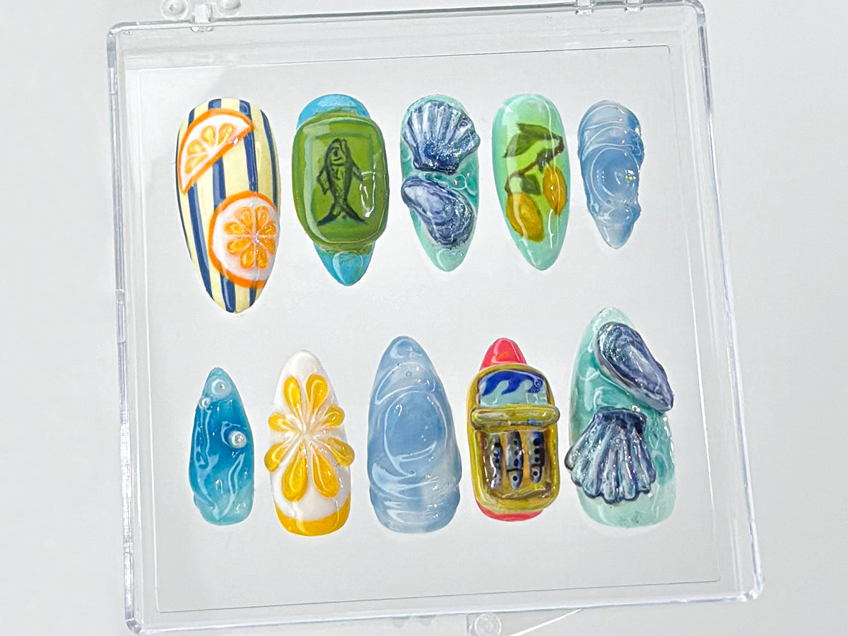 Tropical Beach 3D Press On Nails, Ocean-Inspired Nail Art, Summer Beach Press On Nails