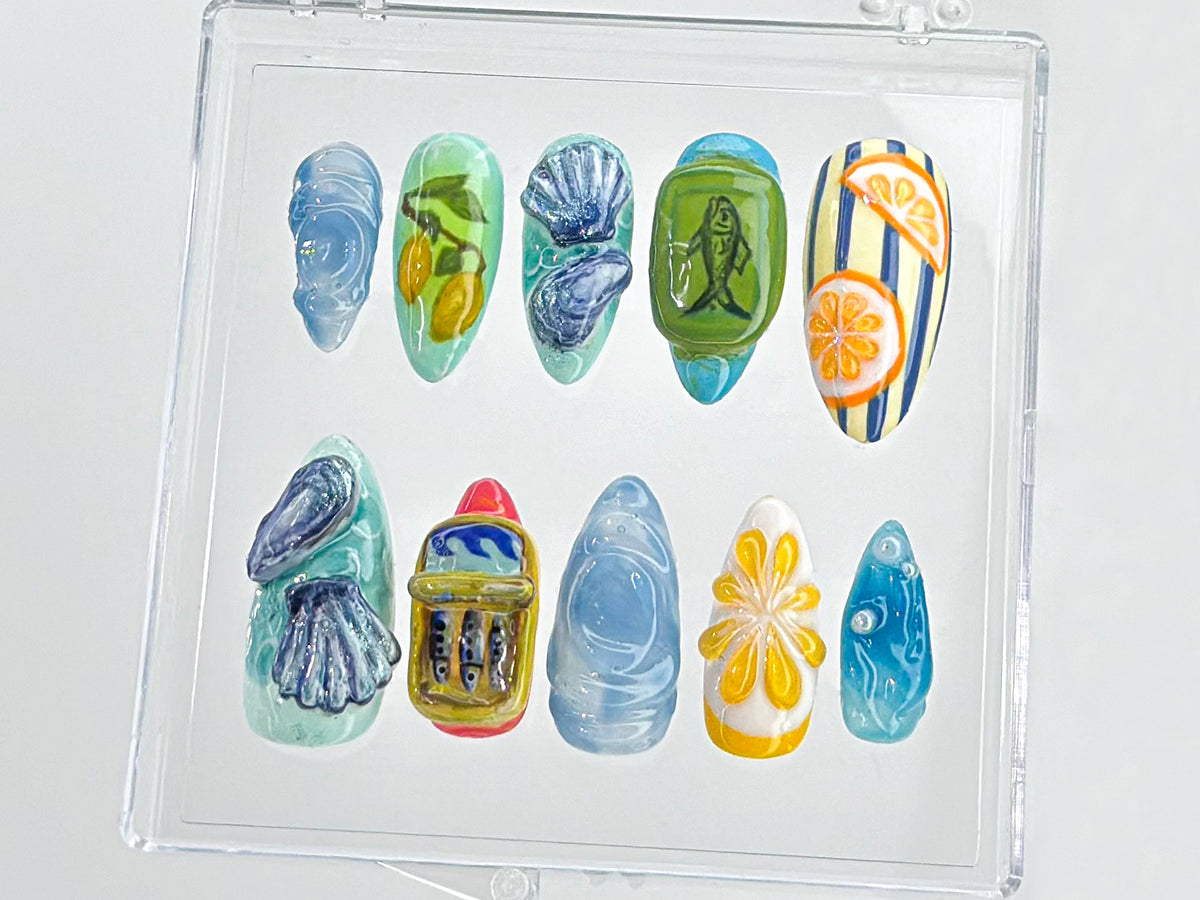 Tropical Beach 3D Press On Nails, Ocean-Inspired Nail Art, Summer Beach Press On Nails