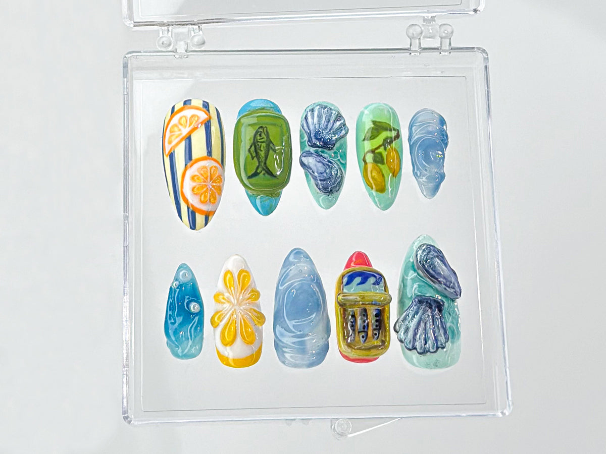 Tropical Beach 3D Press On Nails, Ocean-Inspired Nail Art, Summer Beach Press On Nails