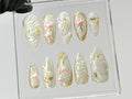 Elegant Lotus Flower Press On Nails, Chic White & Gold On Fake Nails, 3D Floral Acrylic