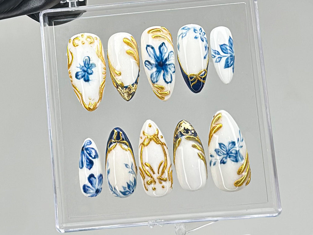 Sophisticated Blue Floral Press On Nails, Chic White & Gold On Fake Nails, Edgy Chrome