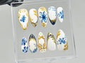 Sophisticated Blue Floral Press On Nails, Chic White & Gold On Fake Nails, Edgy Chrome