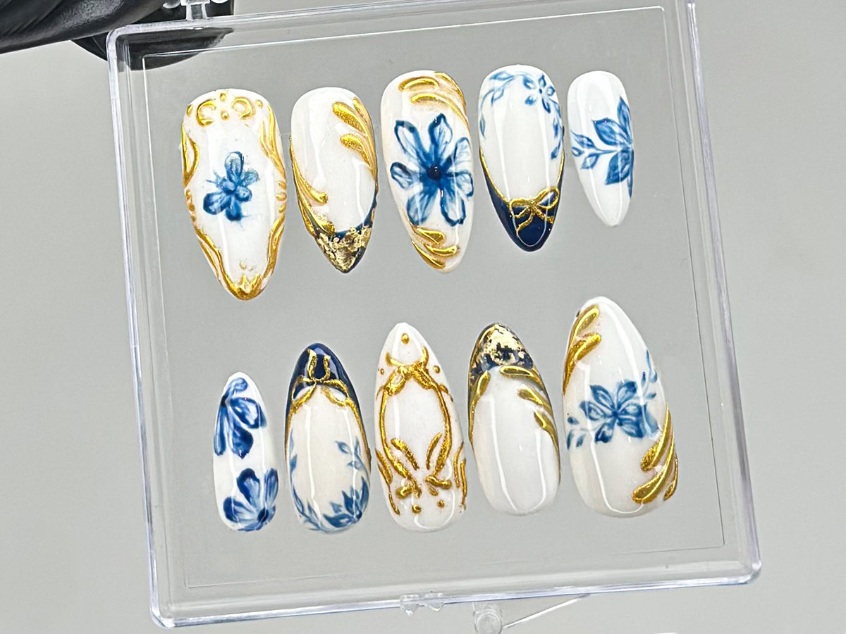 Sophisticated Blue Floral Press On Nails, Chic White & Gold On Fake Nails, Edgy Chrome