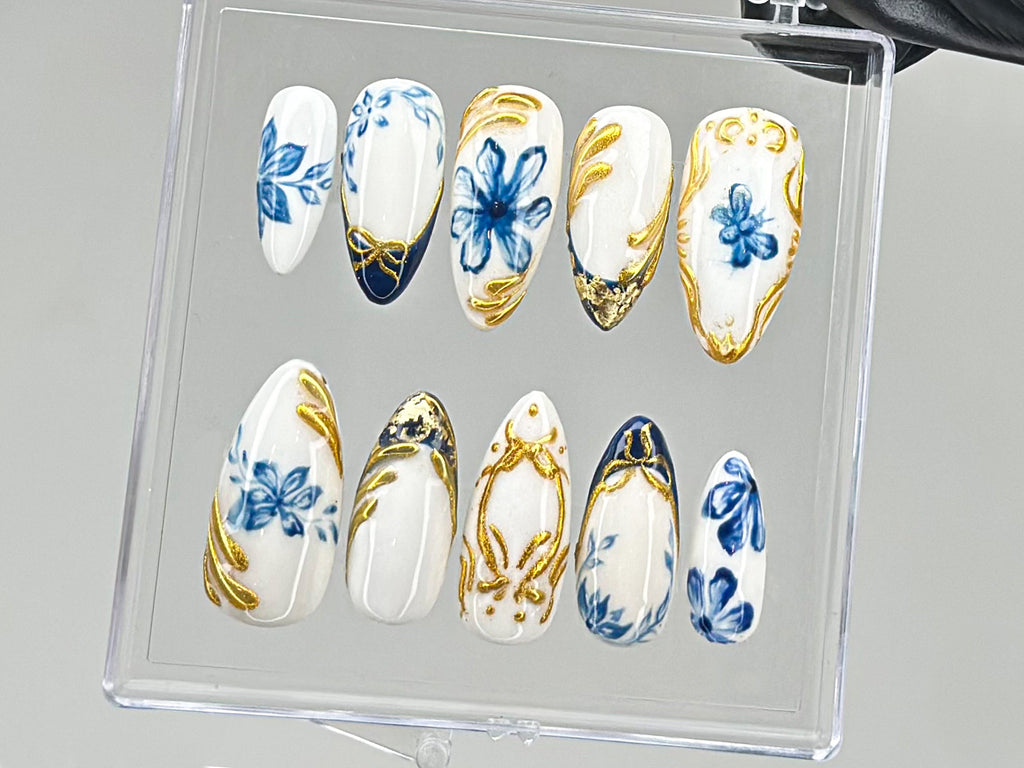 Sophisticated Blue Floral Press On Nails, Chic White & Gold On Fake Nails, Edgy Chrome