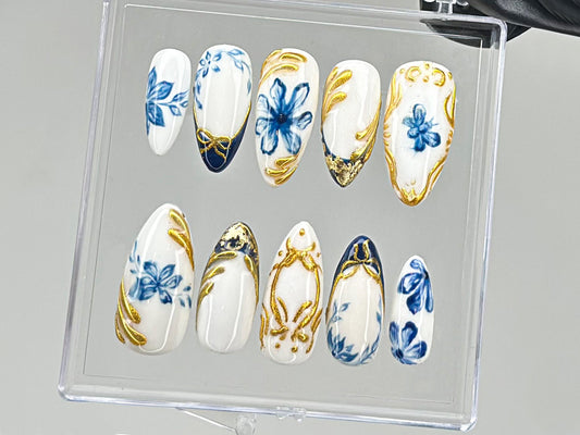 Sophisticated Blue Floral Press On Nails, Chic White & Gold On Fake Nails, Edgy Chrome