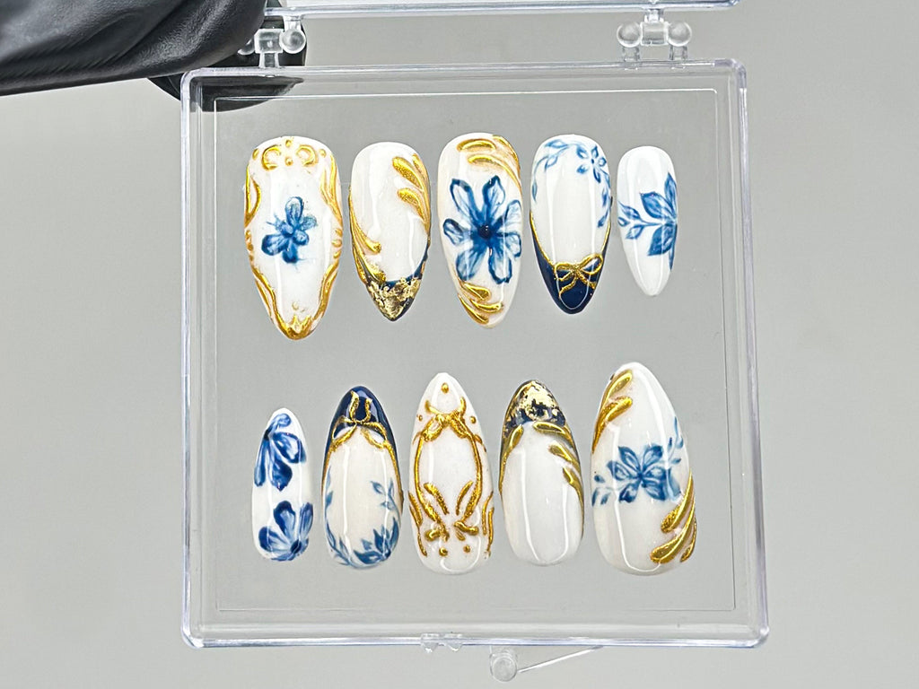 Sophisticated Blue Floral Press On Nails, Chic White & Gold On Fake Nails, Edgy Chrome