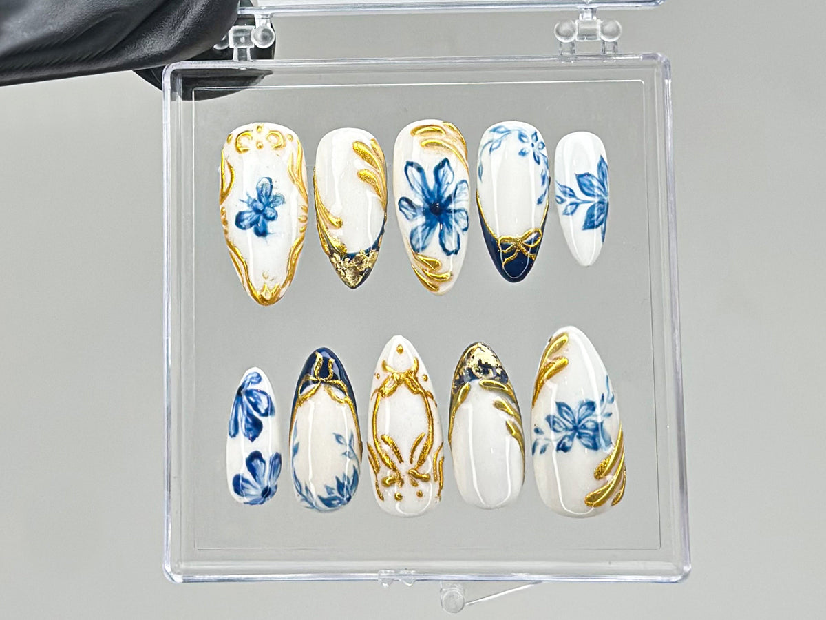 Sophisticated Blue Floral Press On Nails, Chic White & Gold On Fake Nails, Edgy Chrome
