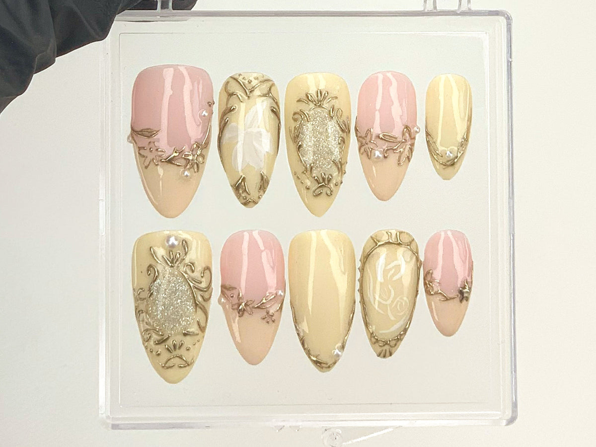 Classy Pink and Gold Press On Nails, Luxury Gold and Pink Fake Nails, Hand-Painted 3D
