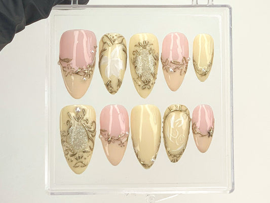 Classy Pink and Gold Press On Nails, Luxury Gold and Pink Fake Nails, Hand-Painted 3D